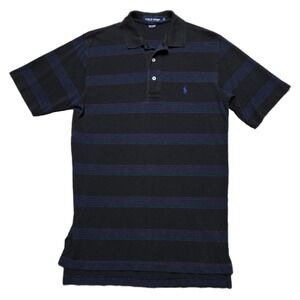 VTG Ralph Lauren Polo Golf Shirt Mens S Blue Black Stripe Pony Logo Short Sleeve